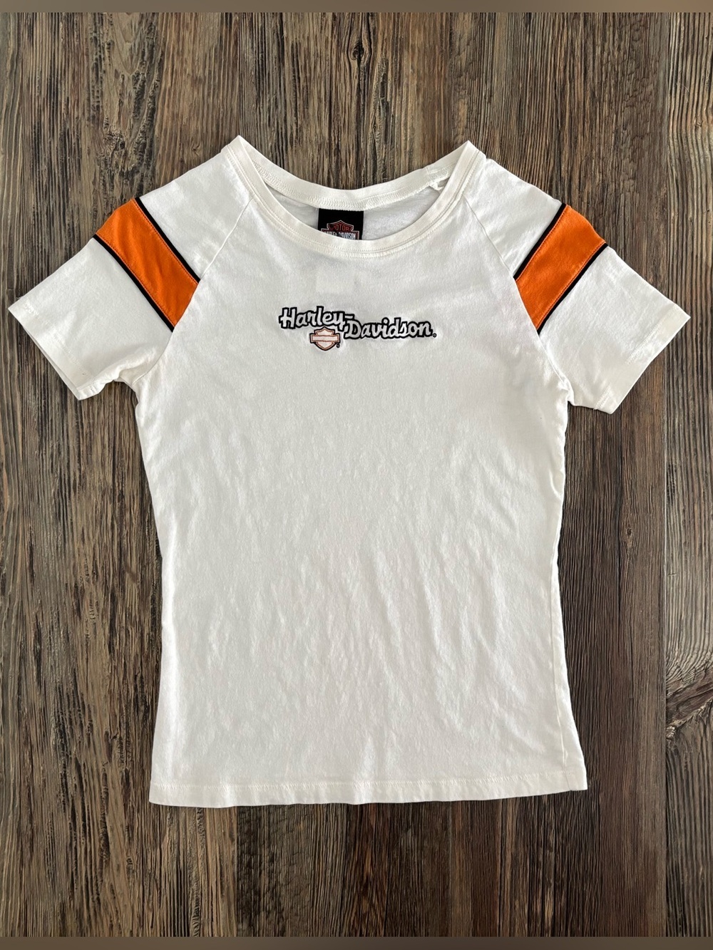 Harley-Davidson S/S T-Shirt Womens M Cream Orange Stripe Roosters Sioux City IA